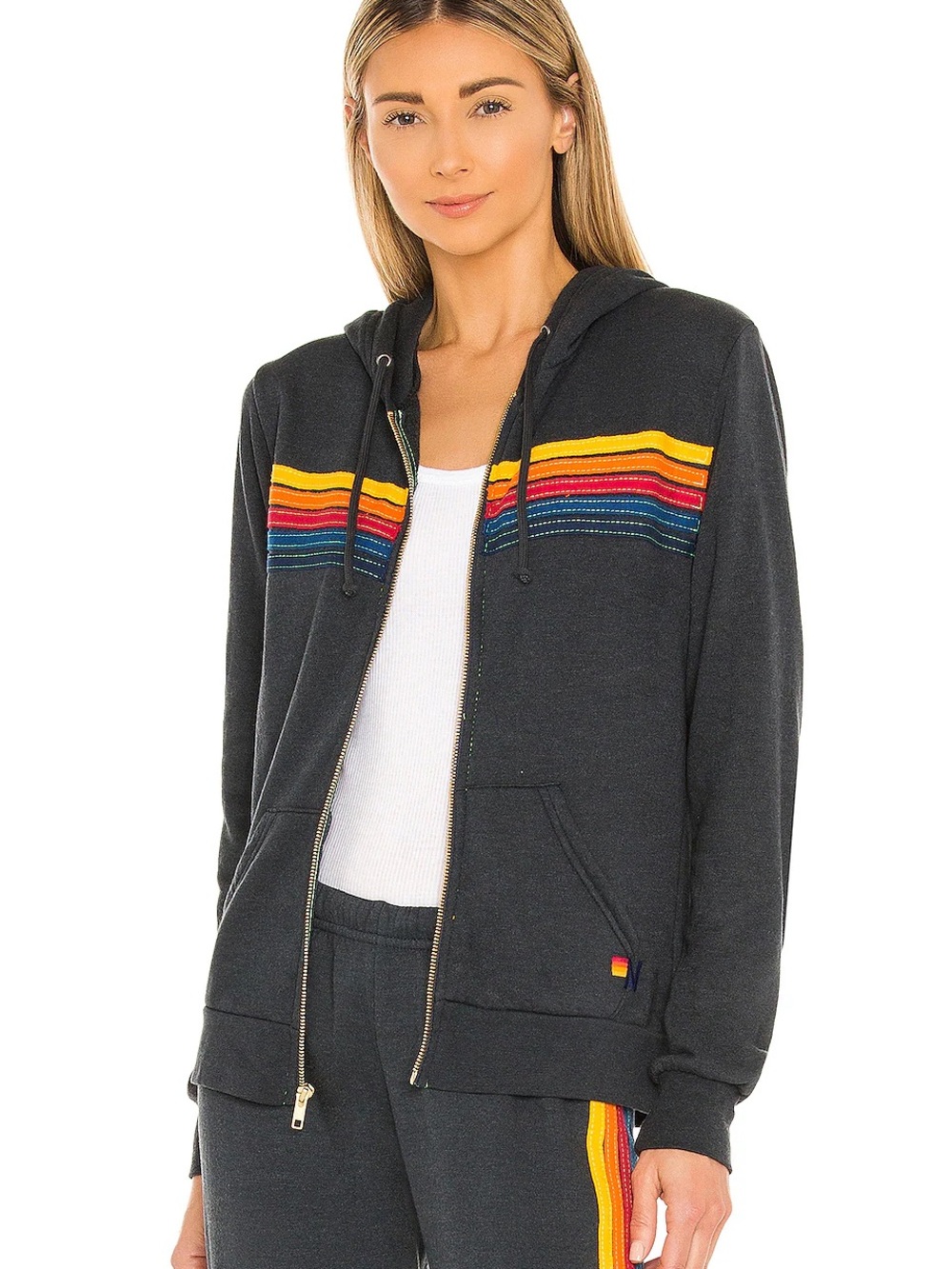 Aviator Nation Charcoal Zip Hoodie with Yellow Red Pink Blue Stripes